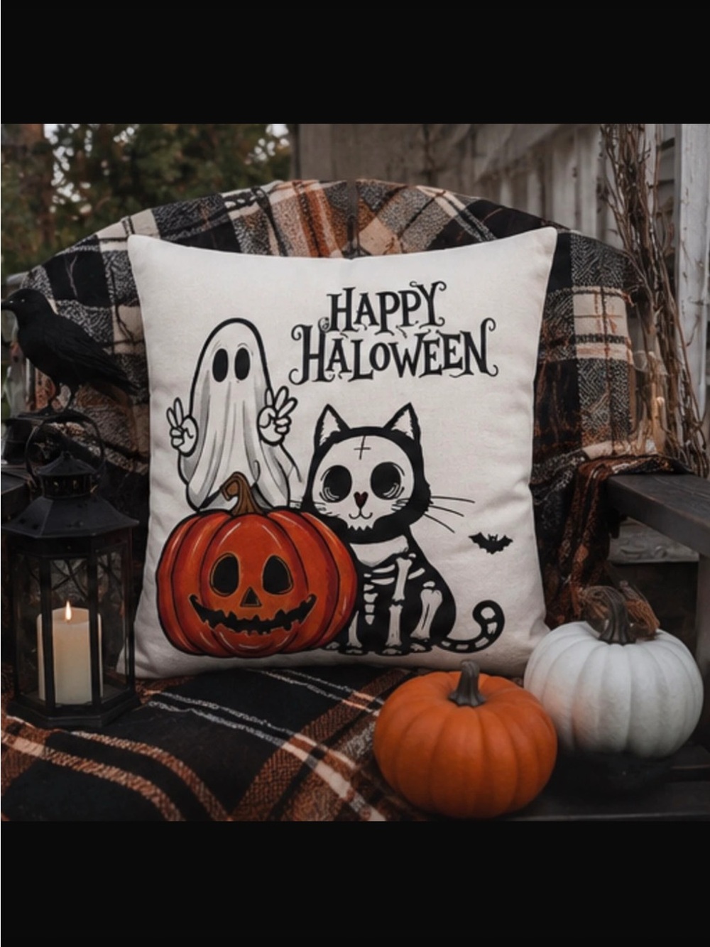 Happy Halloween Pumpkin, Ghost & Skeleton Cat Pillow COVER - Cream & Orange